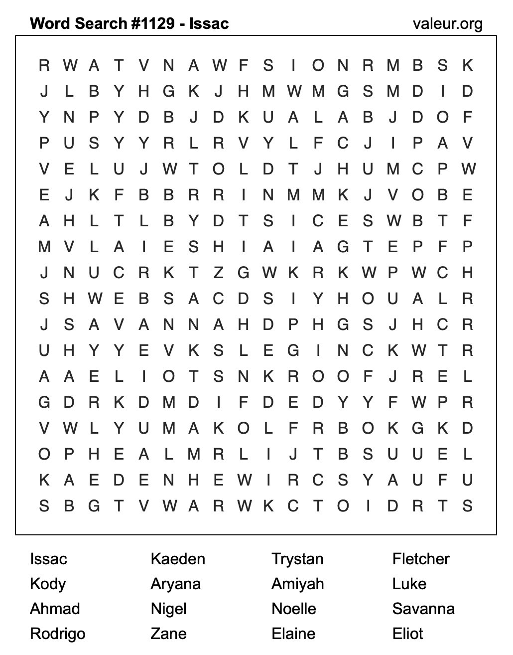 Word Search Puzzle with the name Issac #1129