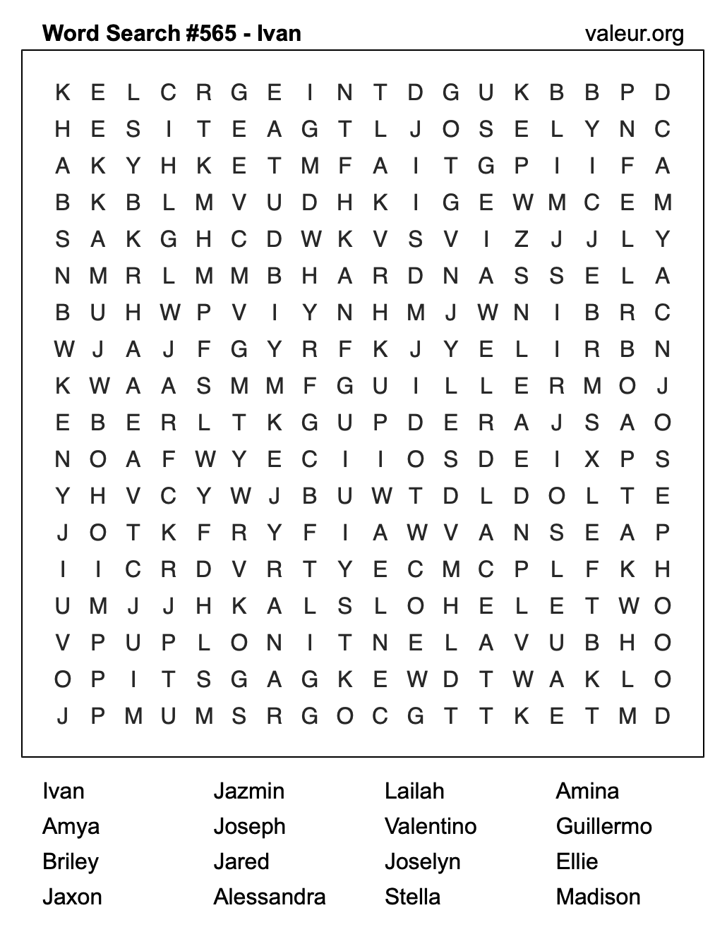 Word Search Puzzle with the name Ivan #565
