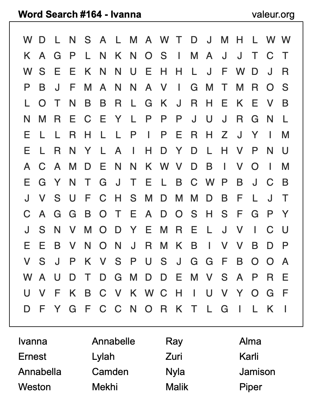 Word Search Puzzle with the name Ivanna #164