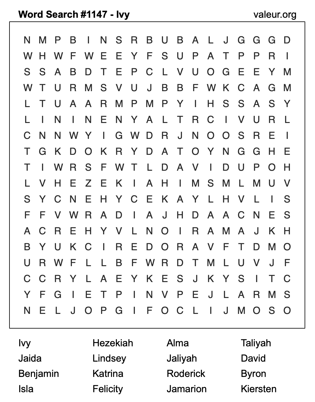 Word Search Puzzle with the name Ivy #1147