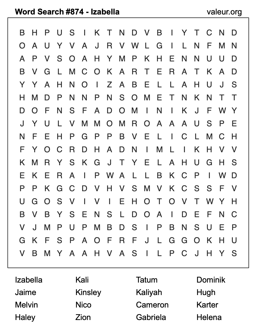 Word Search Puzzle with the name Izabella #874 Word Search Puzzle with the name Izabella #874