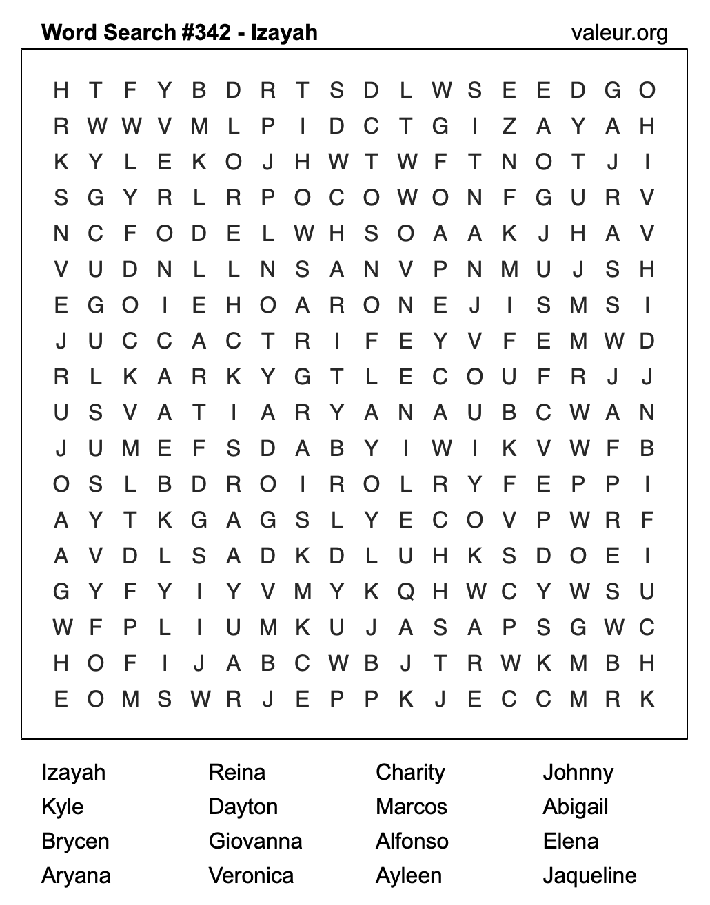 Word Search Puzzle with the name Izayah #342