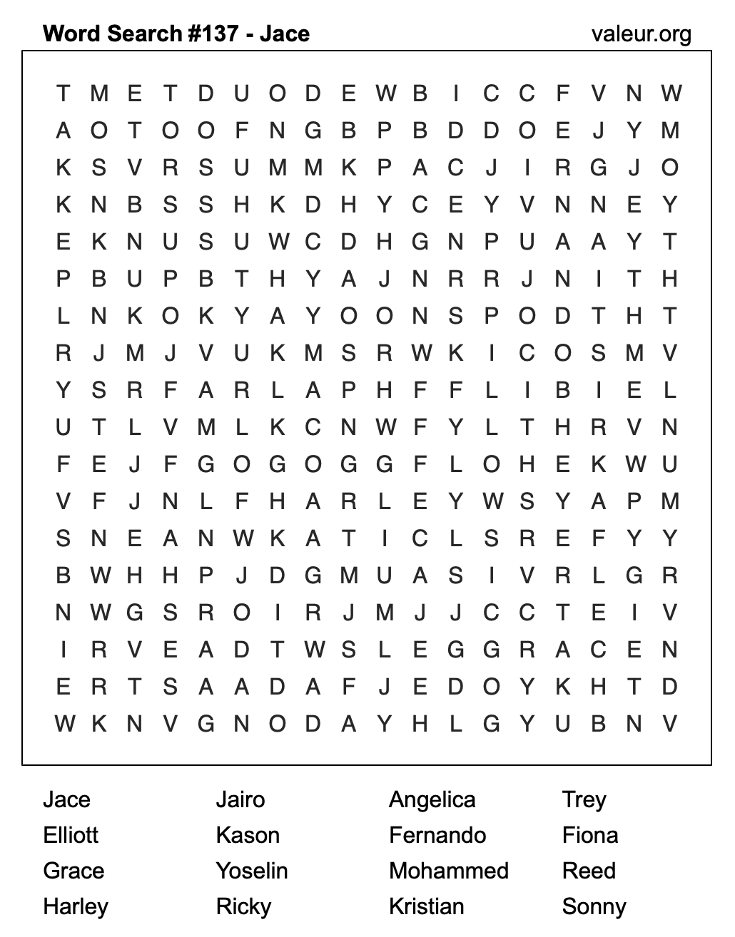 Word Search Puzzle with the name Jace #137