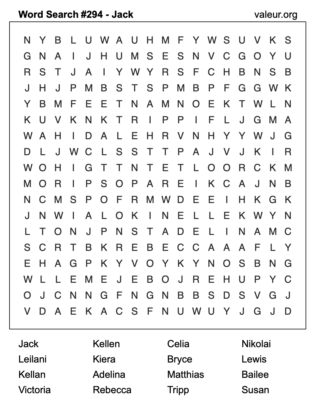 Word Search Puzzle with the name Jack #294