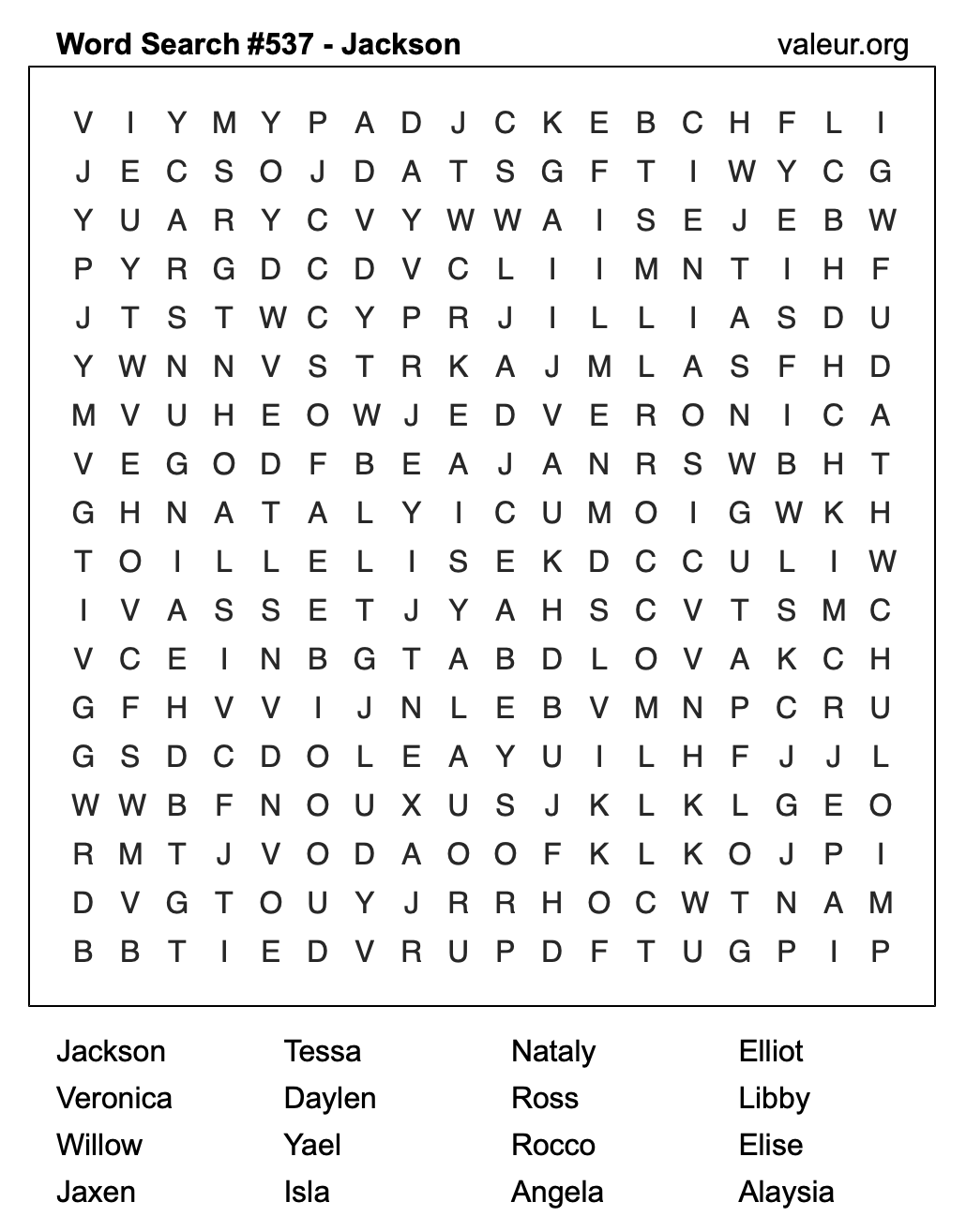 Word Search Puzzle with the name Jackson #537
