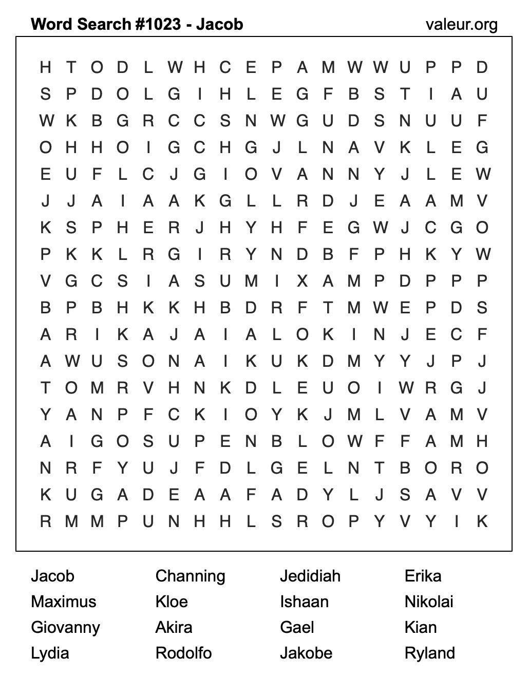 Word Search Puzzle with the name Jacob #1023