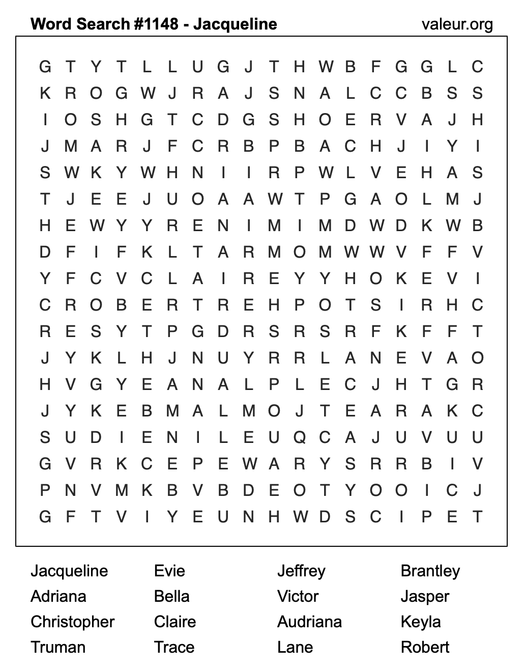 Word Search Puzzle with the name Jacqueline #1148