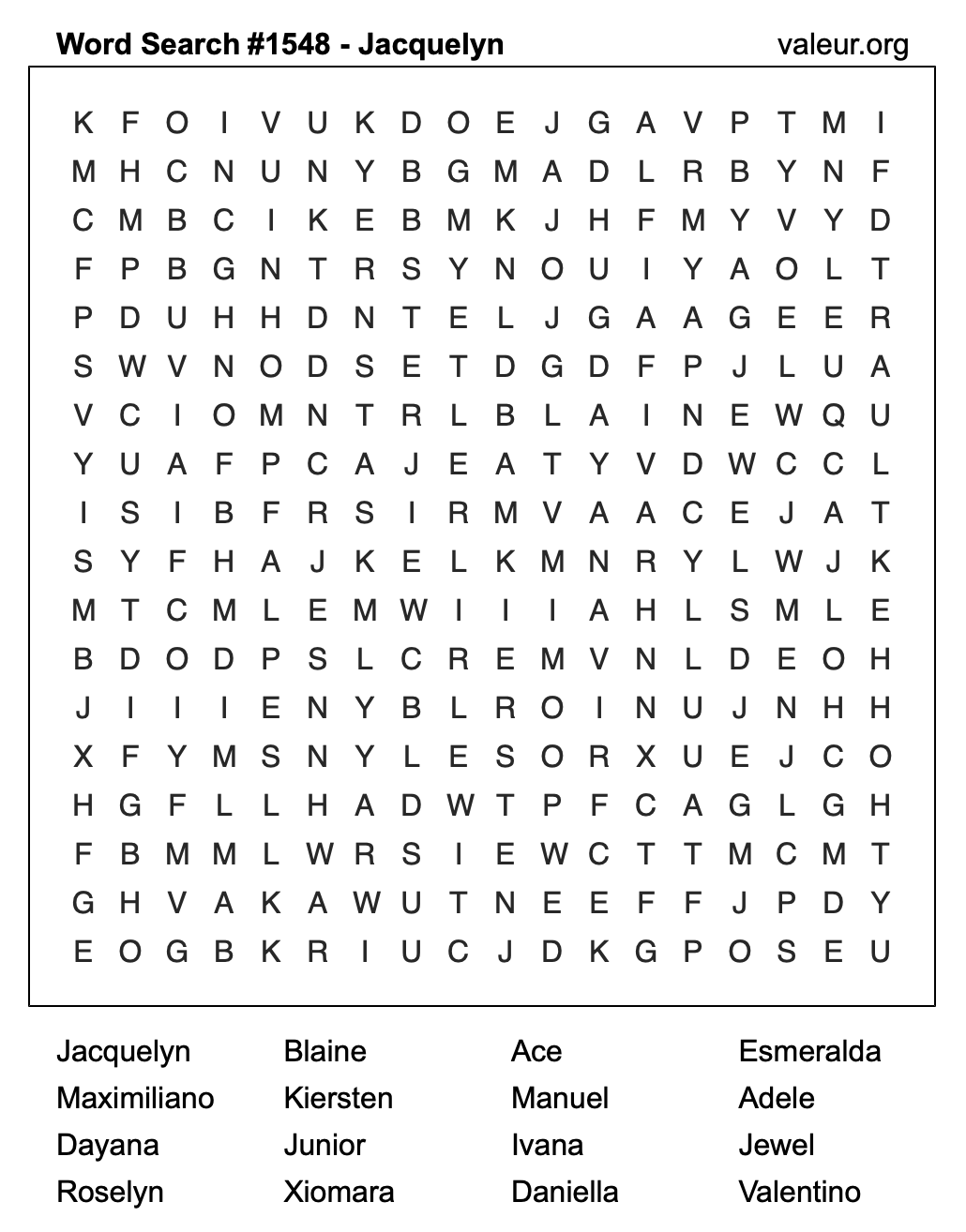 Word Search Puzzle with the name Jacquelyn #1548 Word Search Puzzle with the name Jacquelyn #1548