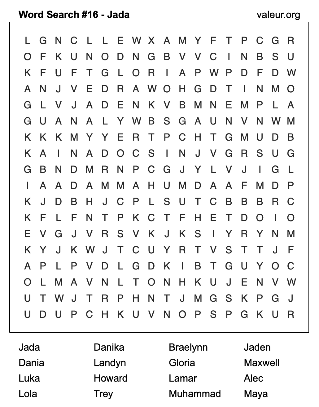 Word Search Puzzle with the name Jada #16