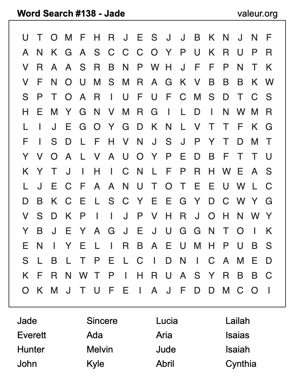 Word Search Puzzle with the name Jade #138 Word Search Puzzle with the name Jade #138