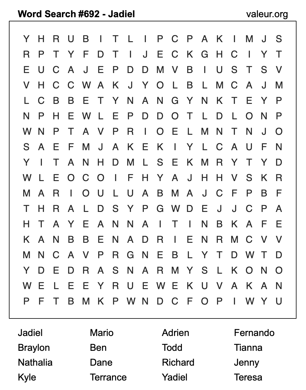 Word Search Puzzle with the name Jadiel #692 Word Search Puzzle with the name Jadiel #692