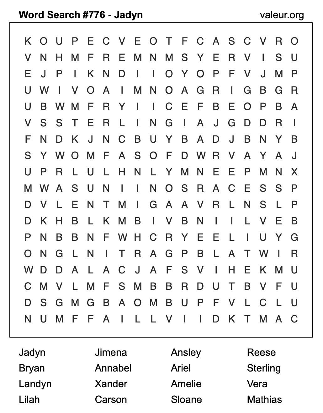 Word Search Puzzle with the name Jadyn #776 Word Search Puzzle with the name Jadyn #776
