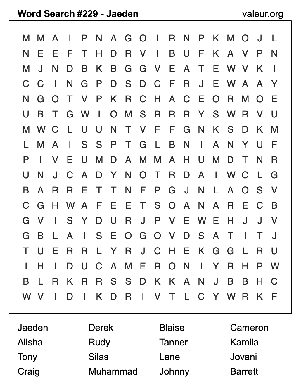 Word Search Puzzle with the name Jaeden #229
