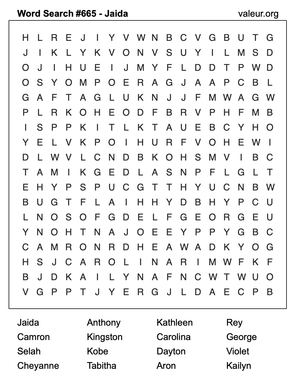 Word Search Puzzle with the name Jaida #665