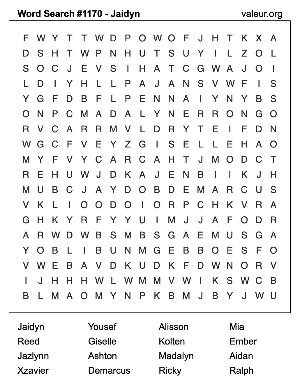 Word Search Puzzle with the name Jaidyn #1170 Word Search Puzzle with the name Jaidyn #1170