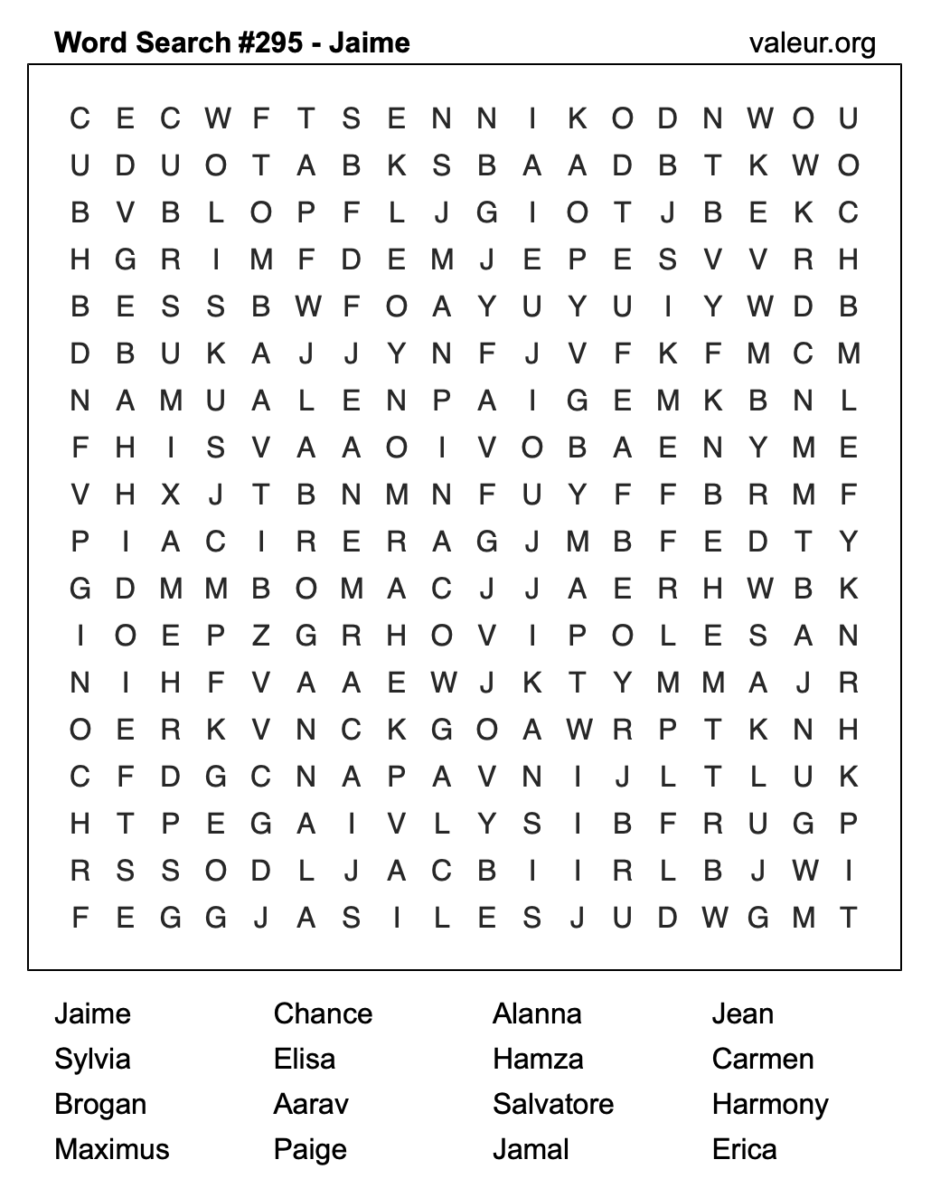 Word Search Puzzle with the name Jaime #295