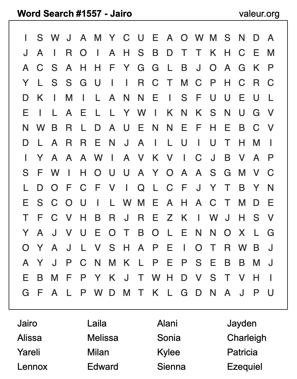 Word Search Puzzle with the name Jairo #1557 Word Search Puzzle with the name Jairo #1557