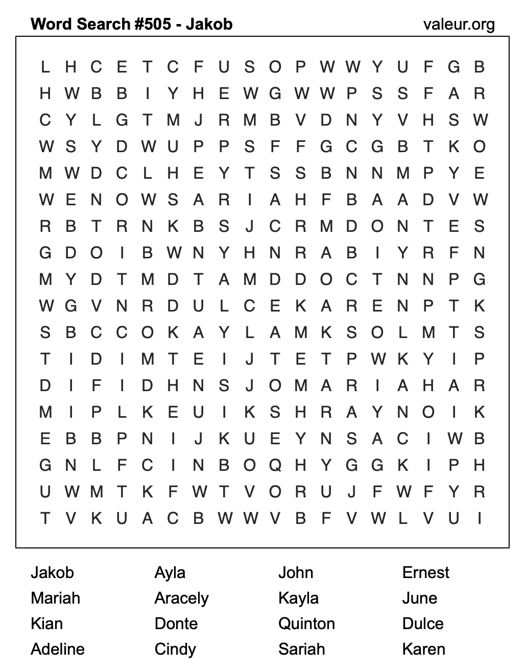 Word Search Puzzle with the name Jakob #505