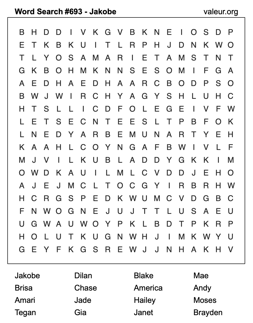 Word Search Puzzle with the name Jakobe #693