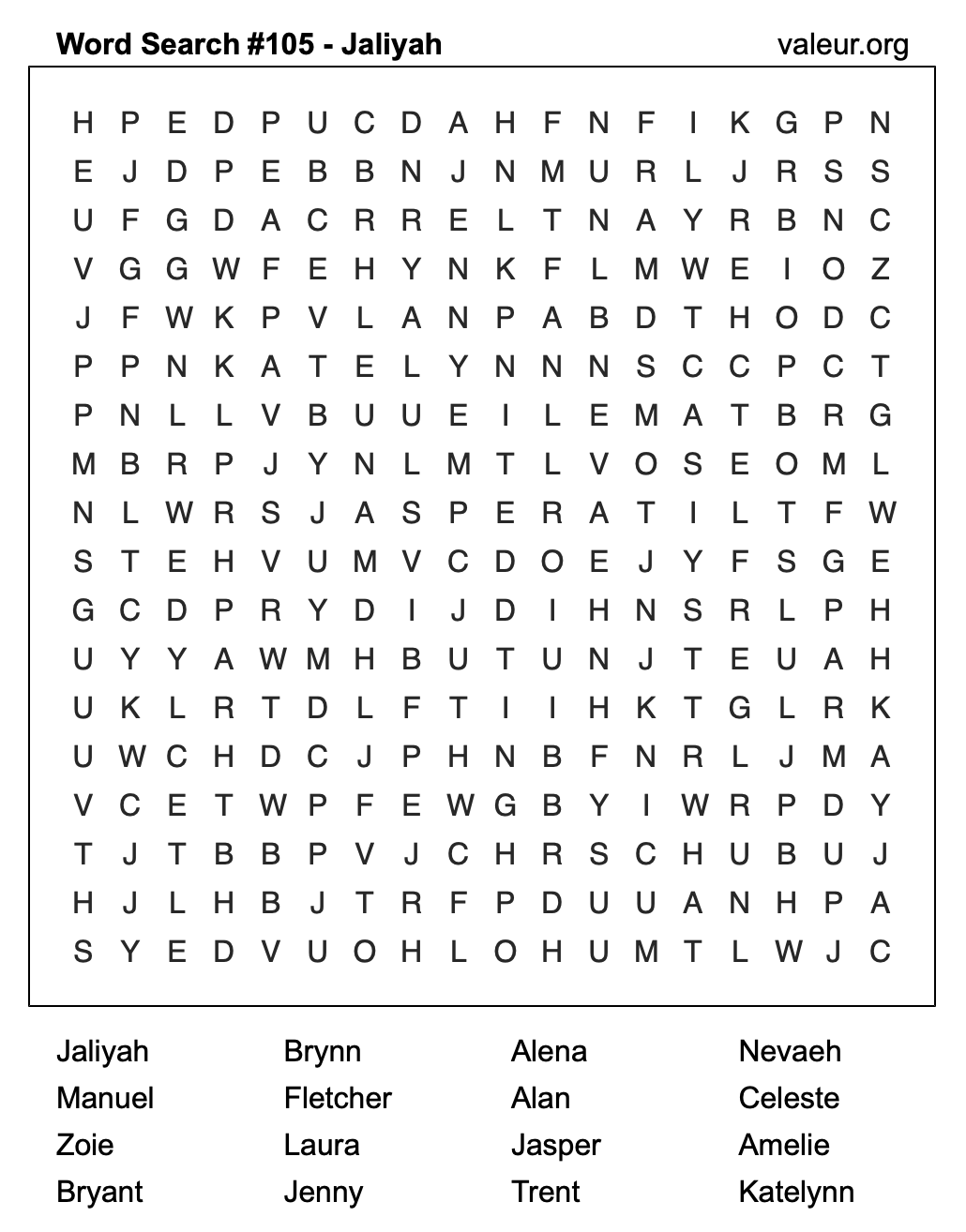 Word Search Puzzle with the name Jaliyah #105