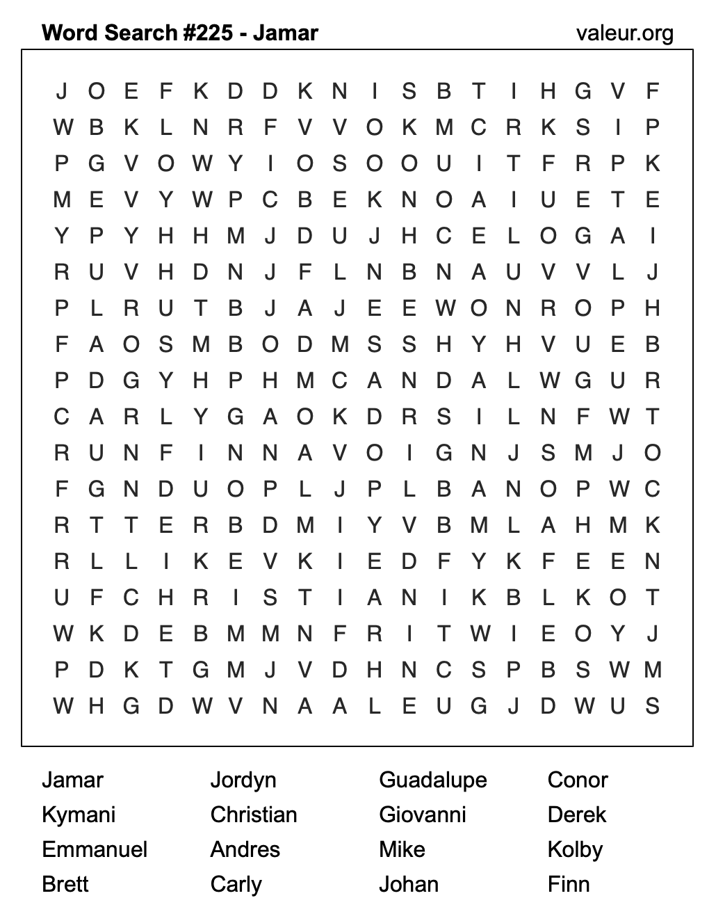 Word Search Puzzle with the name Jamar #225
