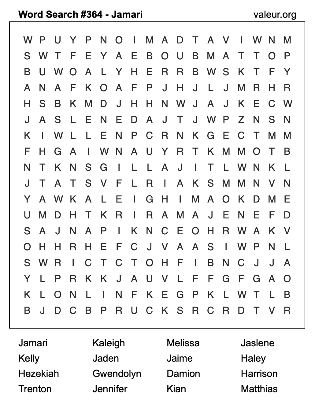 Word Search Puzzle with the name Jamari #364 Word Search Puzzle with the name Jamari #364