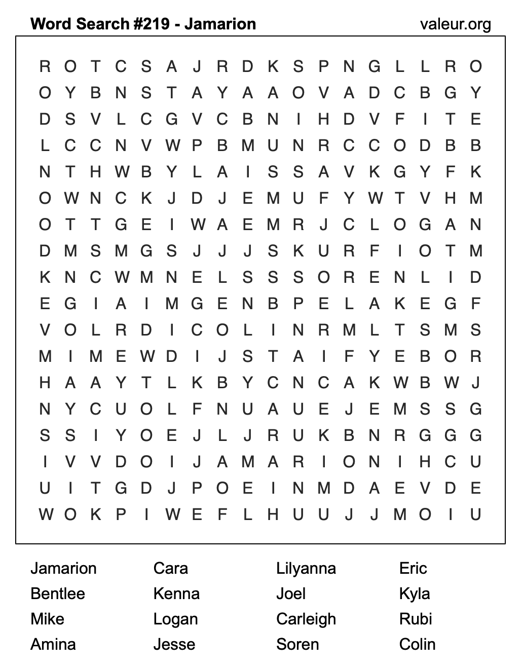 Word Search Puzzle with the name Jamarion #219