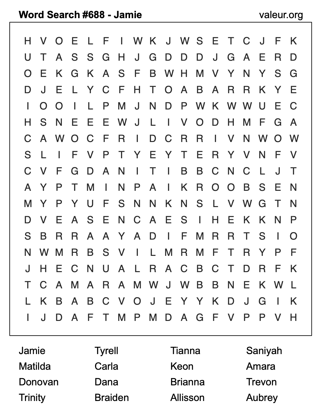 Word Search Puzzle with the name Jamie #688 Word Search Puzzle with the name Jamie #688