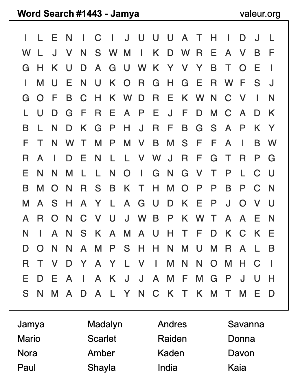 Word Search Puzzle with the name Jamya #1443