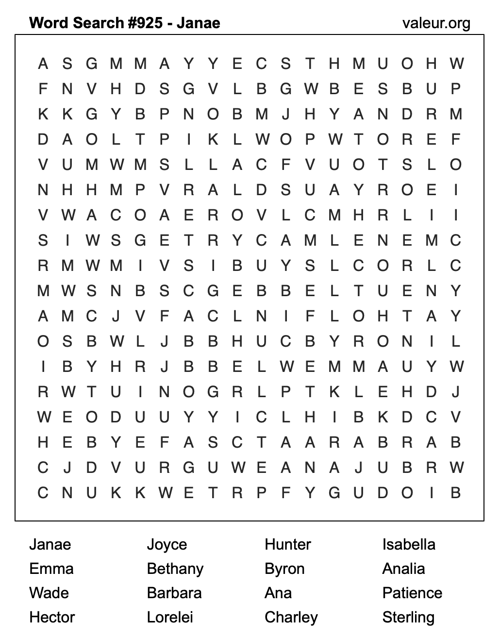 Word Search Puzzle with the name Janae #925