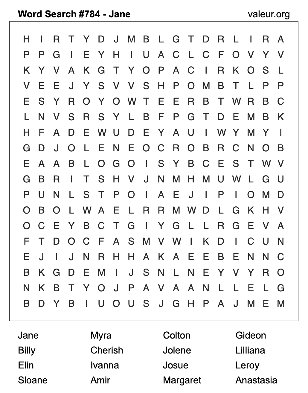 Word Search Puzzle with the name Jane #784