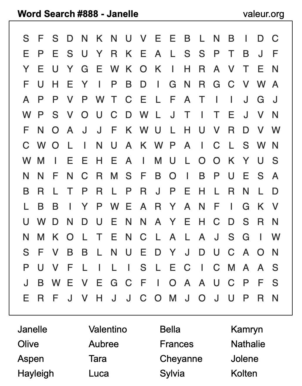 Word Search Puzzle with the name Janelle #888