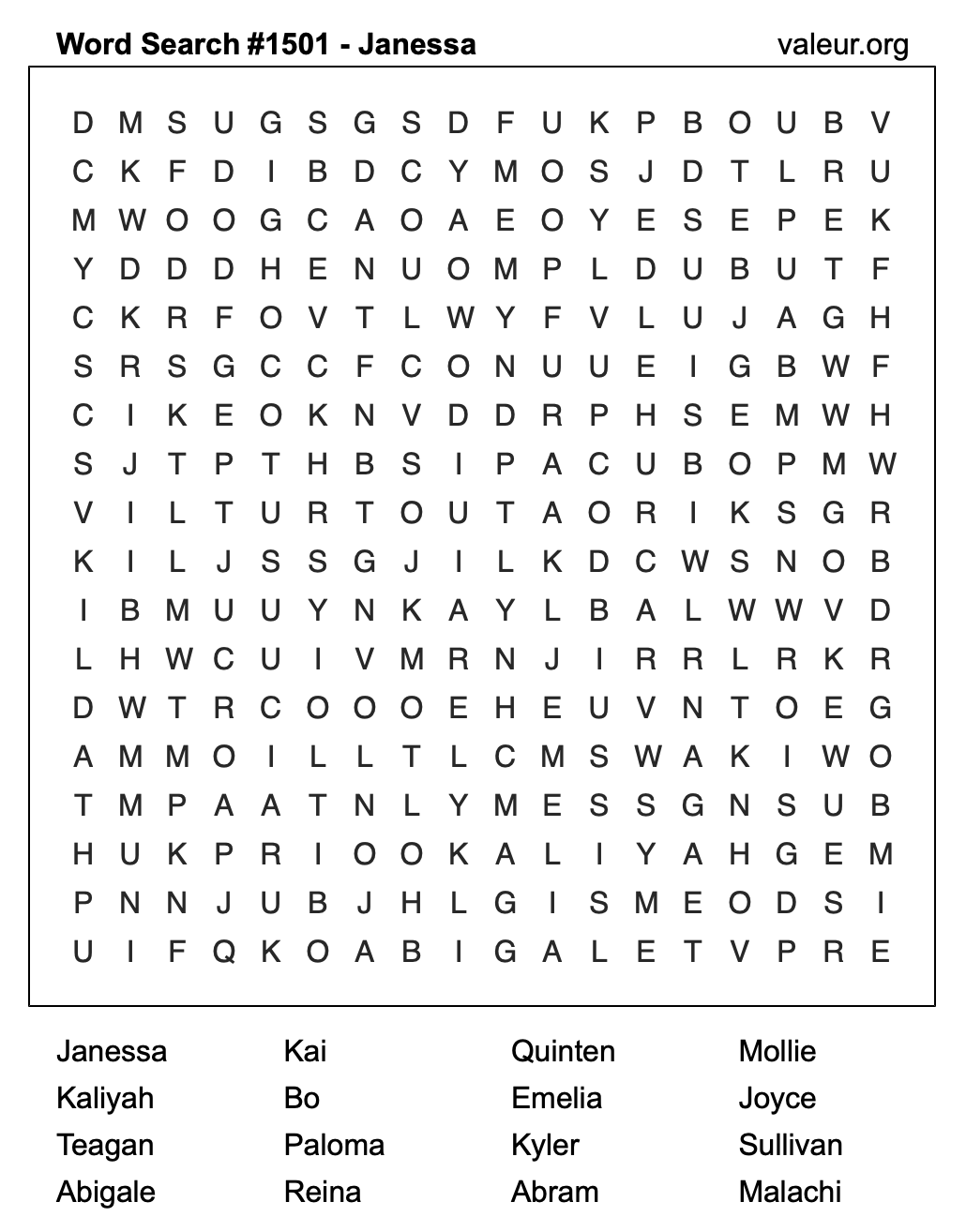 Word Search Puzzle with the name Janessa #1501