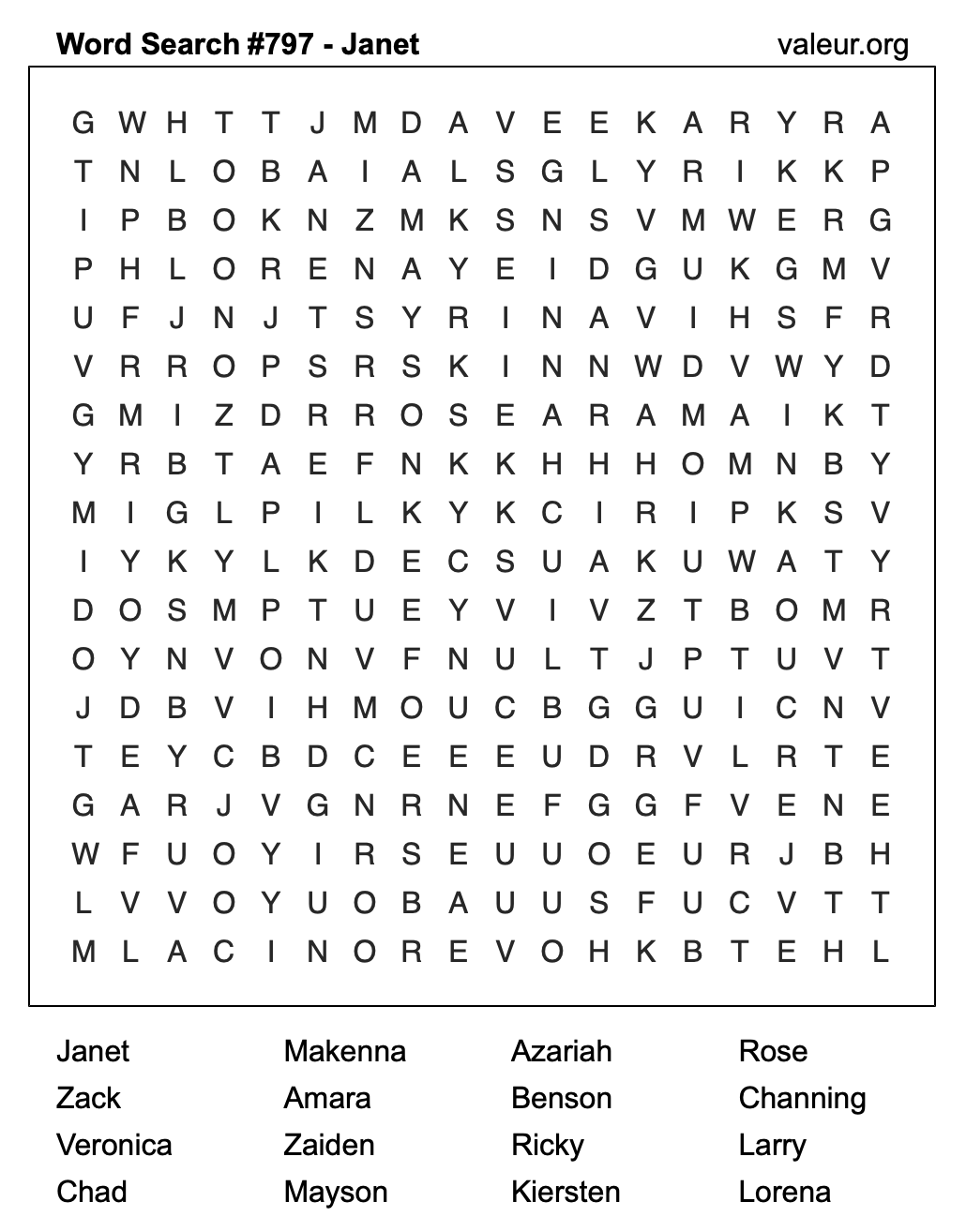 Word Search Puzzle with the name Janet #797