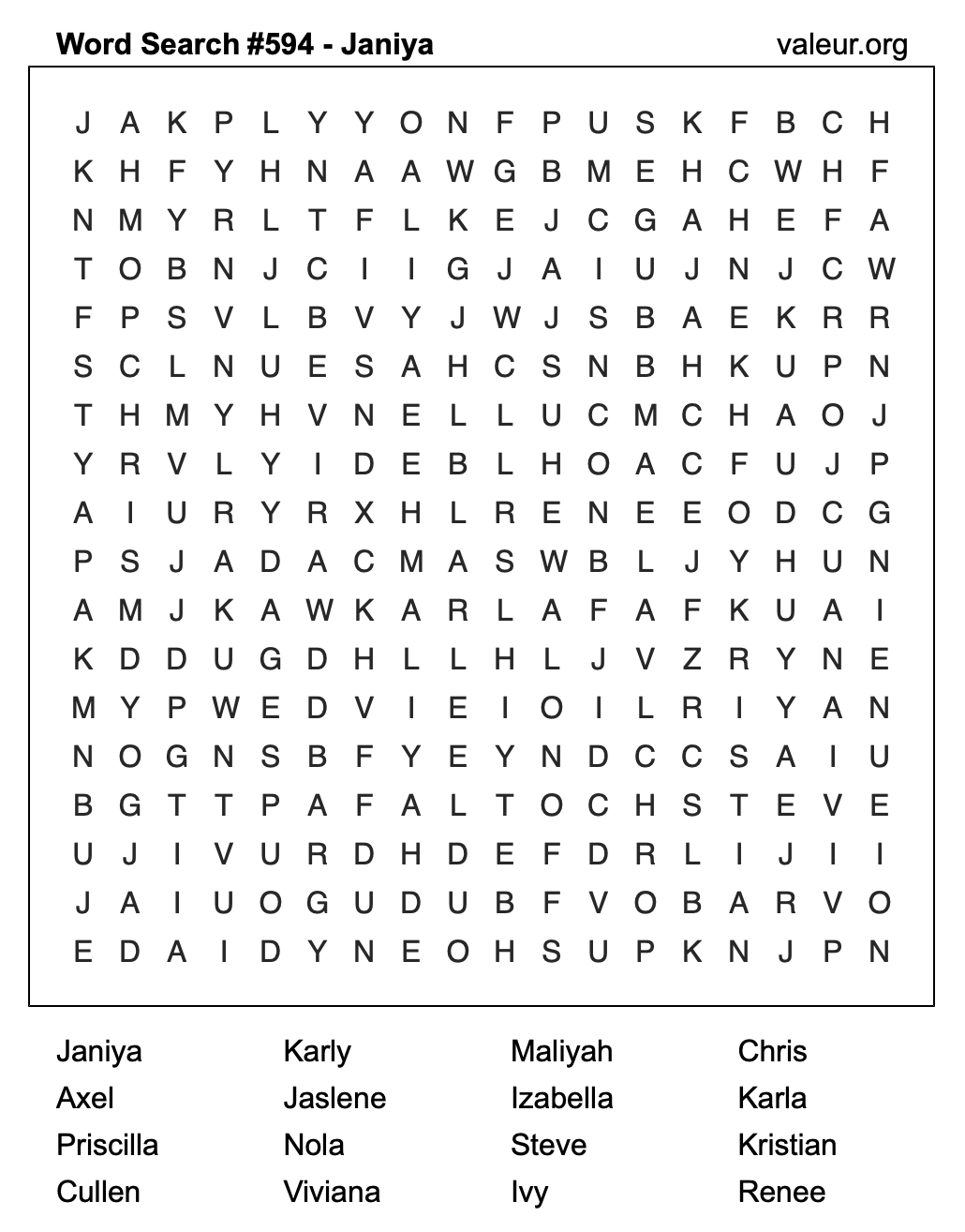 Word Search Puzzle with the name Janiya #594
