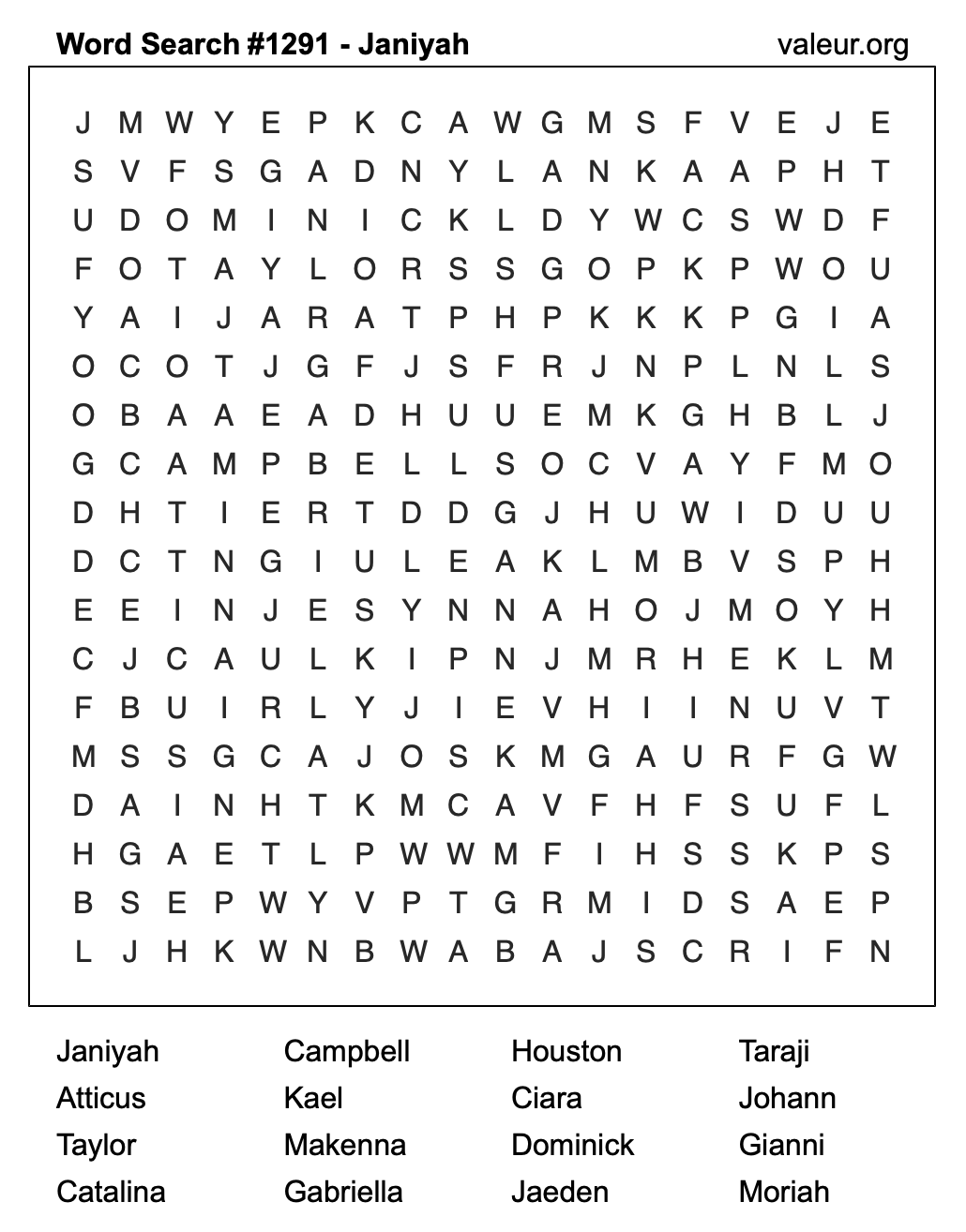 Word Search Puzzle with the name Janiyah #1291