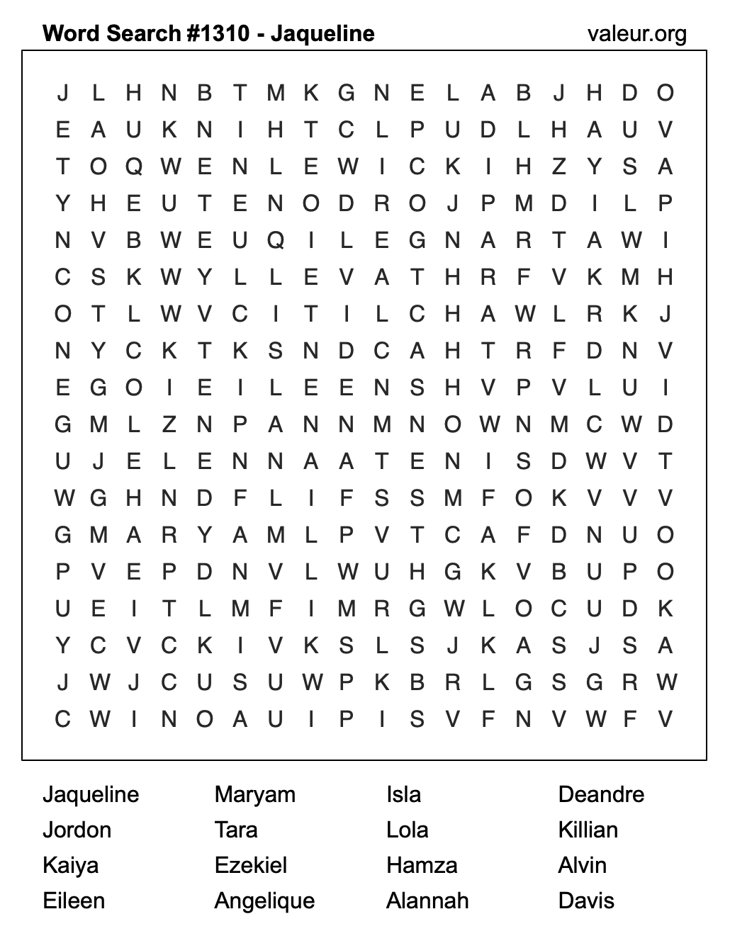Word Search Puzzle with the name Jaqueline #1310 Word Search Puzzle with the name Jaqueline #1310