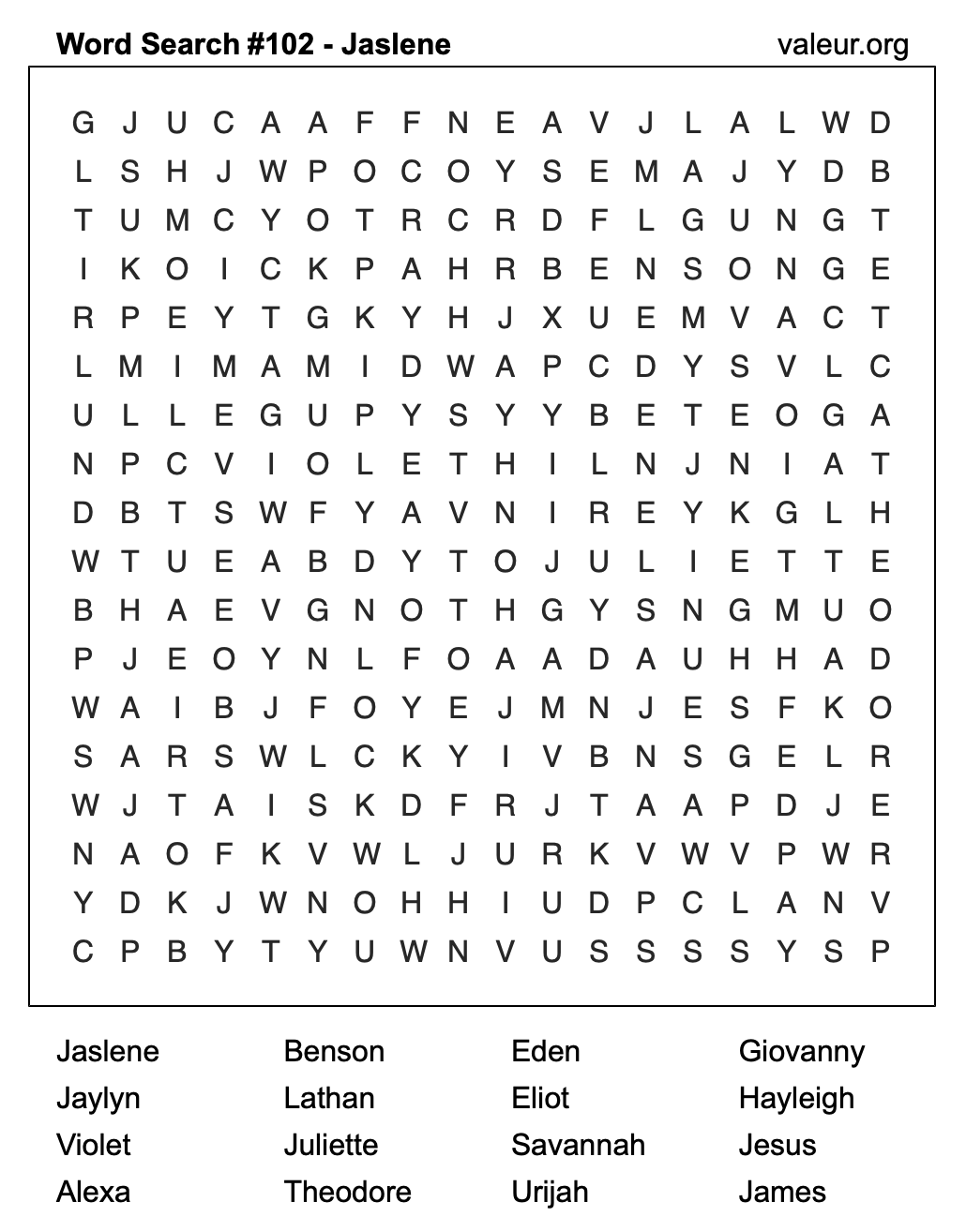 Word Search Puzzle with the name Jaslene #102