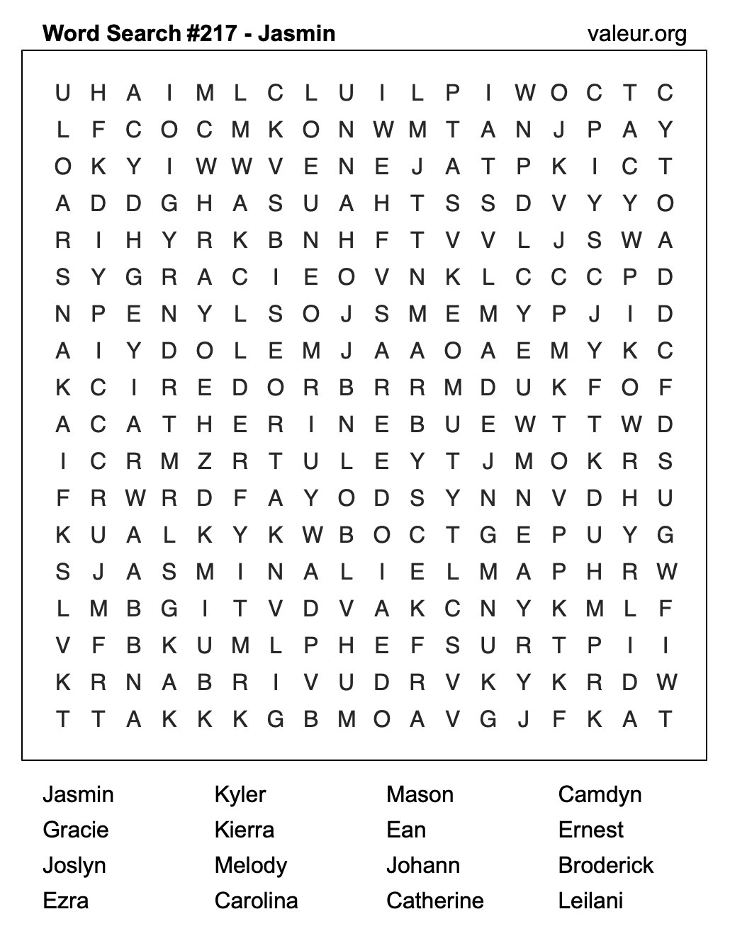 Word Search Puzzle with the name Jasmin #217