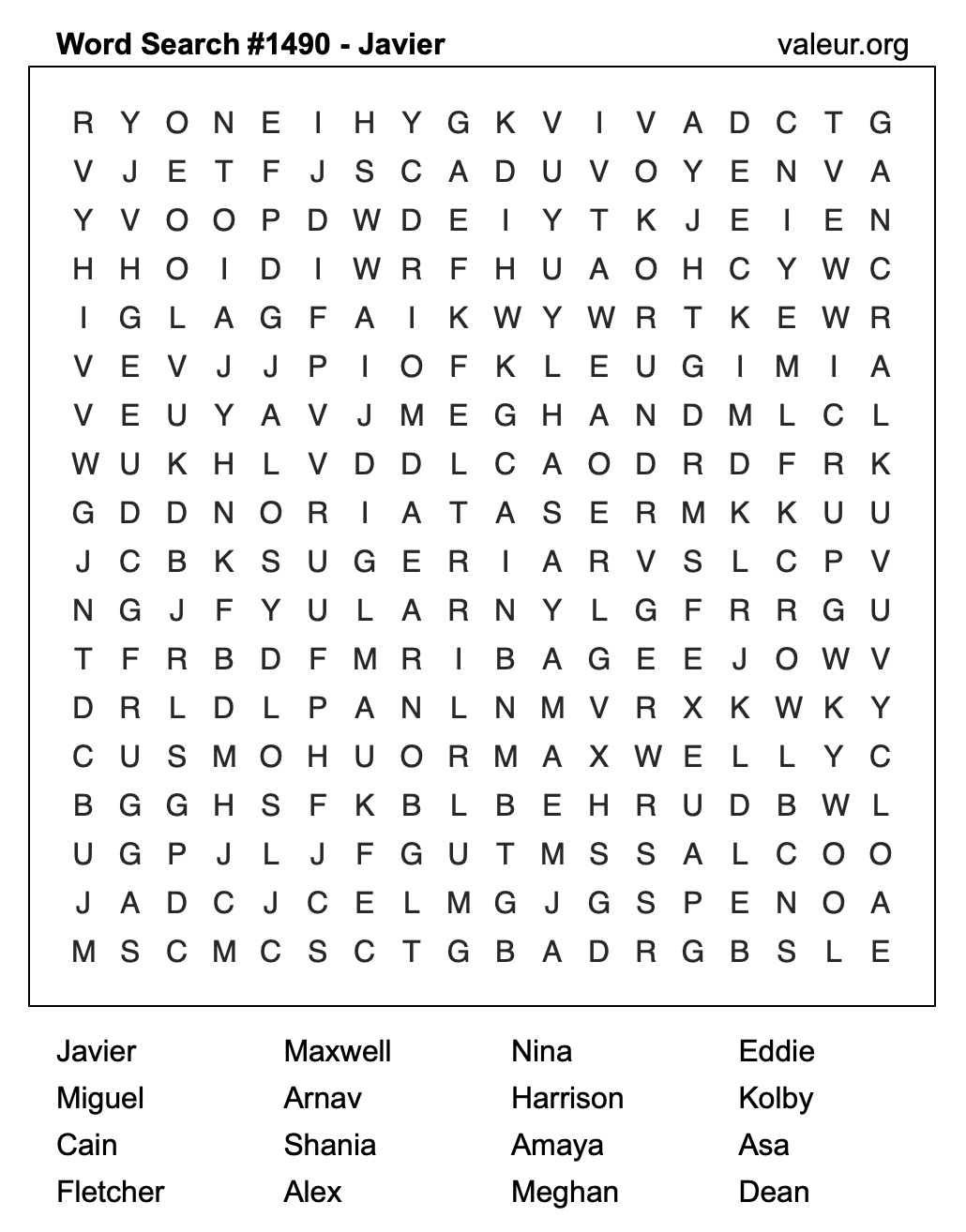 Word Search Puzzle with the name Javier #1490