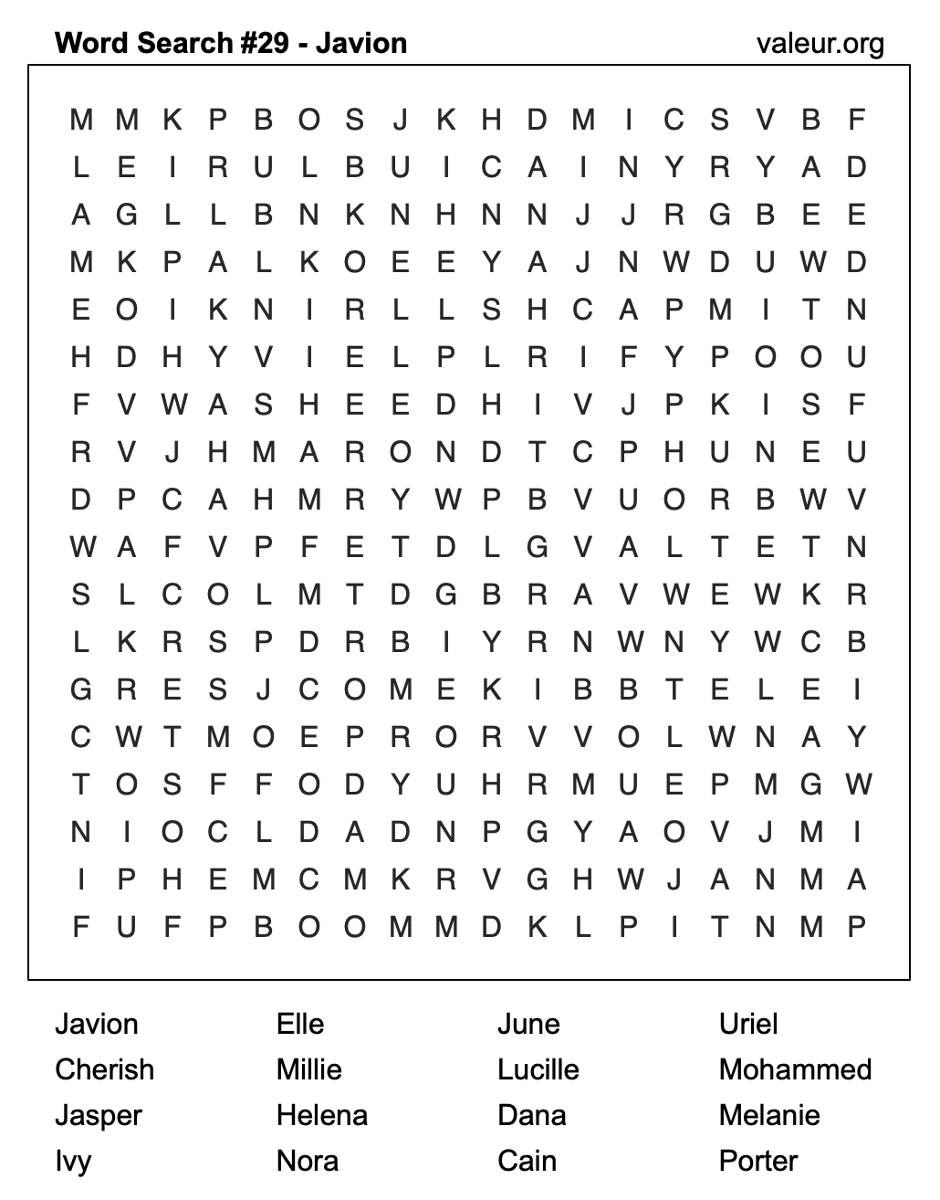 Word Search Puzzle with the name Javion #29