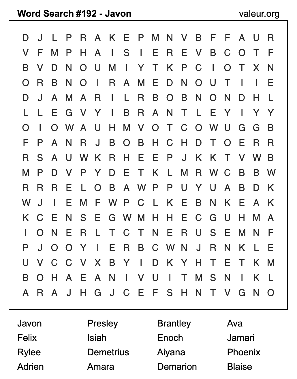 Word Search Puzzle with the name Javon #192 Word Search Puzzle with the name Javon #192
