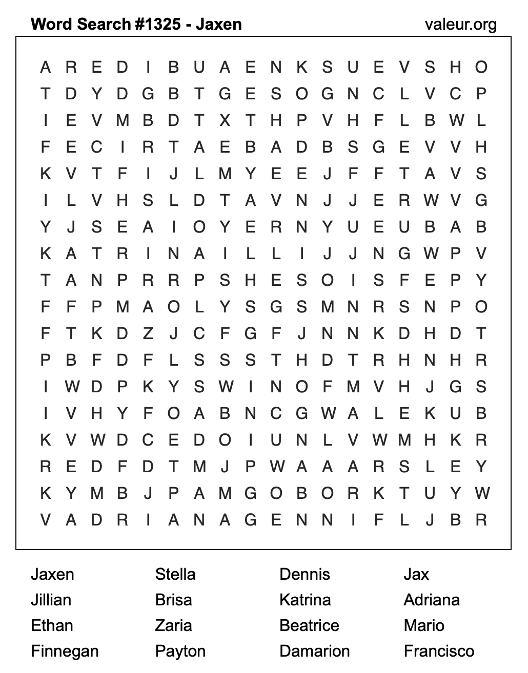 Word Search Puzzle with the name Jaxen #1325