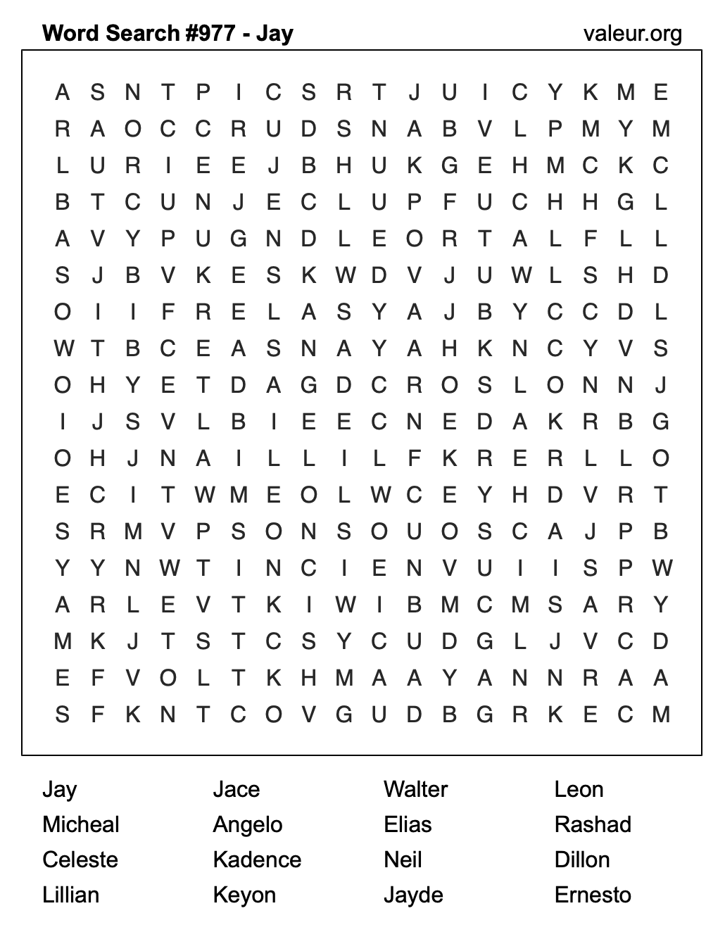Word Search Puzzle with the name Jay #977 Word Search Puzzle with the name Jay #977