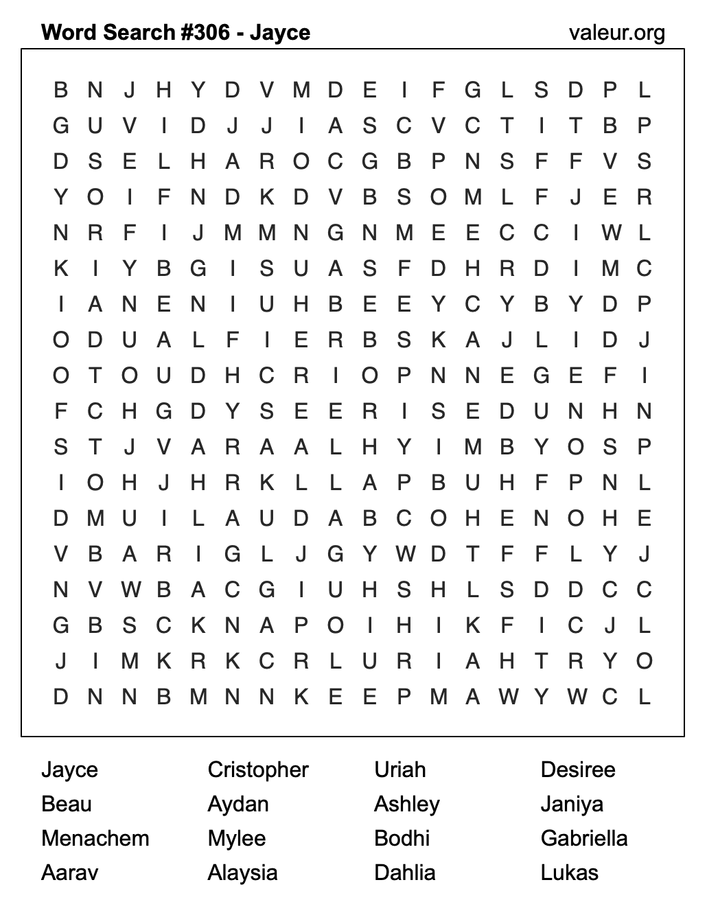 Word Search Puzzle with the name Jayce #306