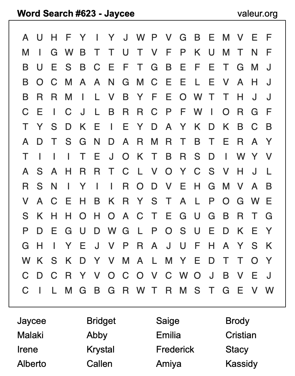 Word Search Puzzle with the name Jaycee #623