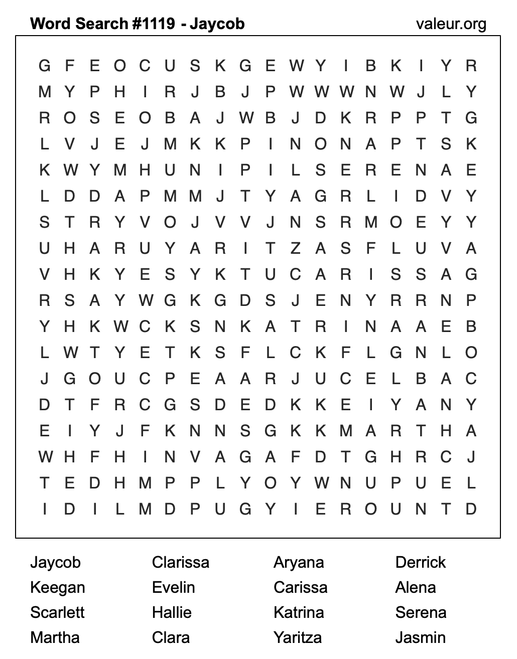 Word Search Puzzle with the name Jaycob #1119