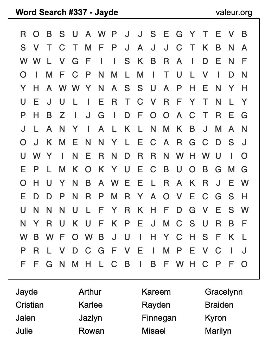 Word Search Puzzle with the name Jayde #337