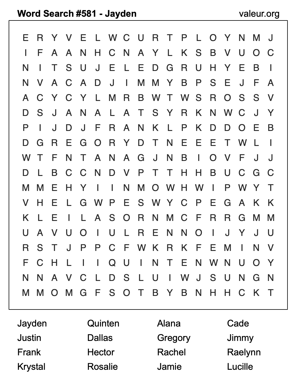 Word Search Puzzle with the name Jayden #581
