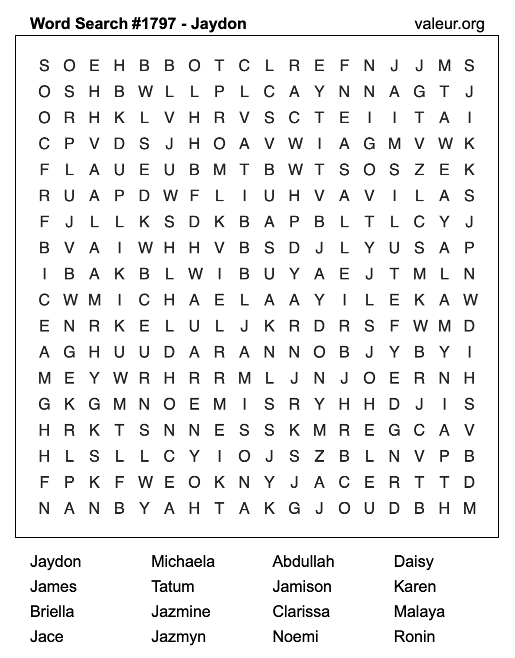 Word Search Puzzle with the name Jaydon #1797